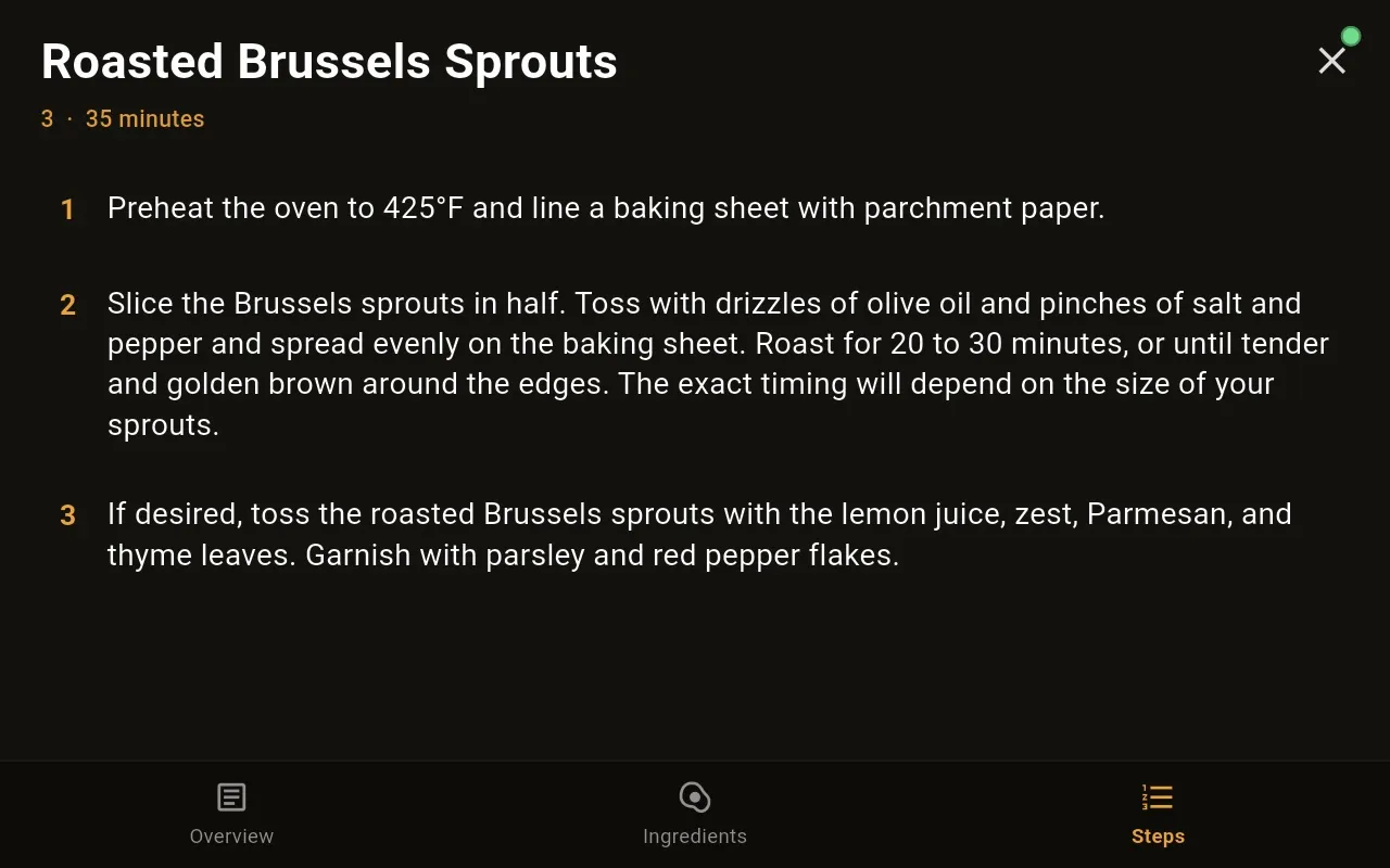 Recipe steps screen